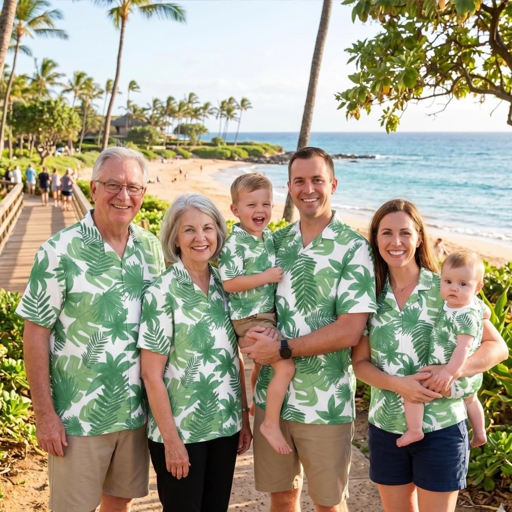 Summer Men's Family Wear Beach Hawaiian Shirt Tropical Sandcastle Palm Tree Shirt Outdoor Sports Sparent Shirts Child T-Shirt