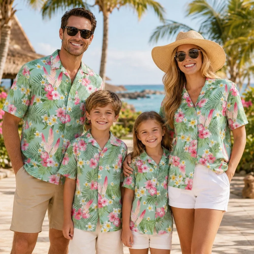Summer Men's Family Wear Beach Hawaiian Shirt Tropical Sandcastle Palm Tree Shirt Outdoor Sports Sparent Shirts Child T-Shirt