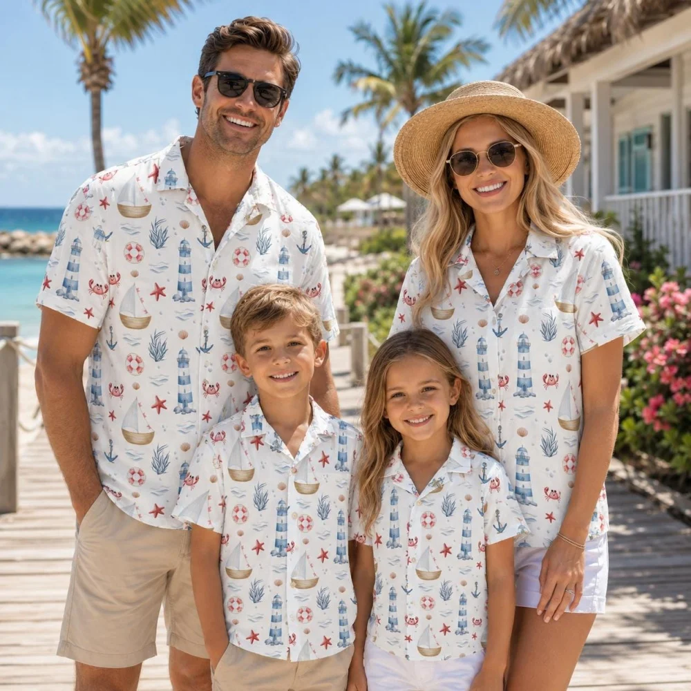 Summer Men's Family Wear Beach Hawaiian Shirt Tropical Sandcastle Palm Tree Shirt Outdoor Sports Sparent Shirts Child T-Shirt