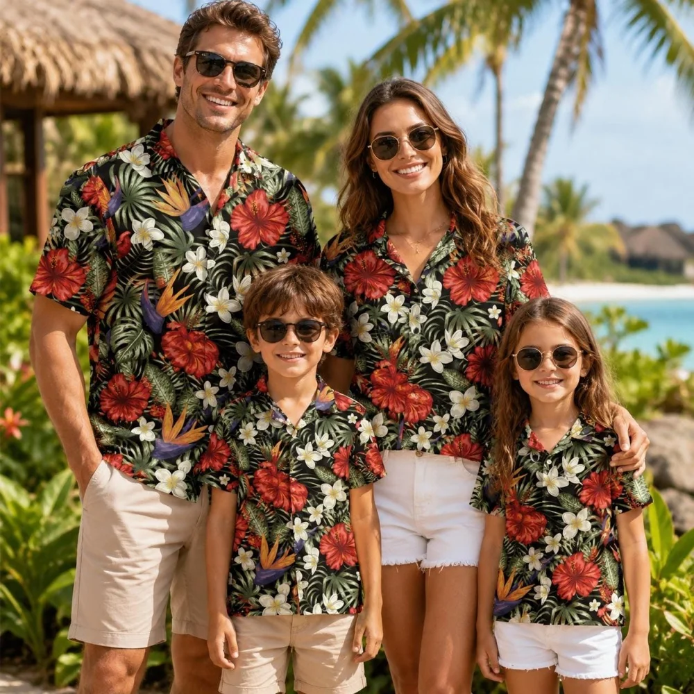 Summer Men's Family Wear Beach Hawaiian Shirt Tropical Sandcastle Palm Tree Shirt Outdoor Sports Sparent Shirts Child T-Shirt