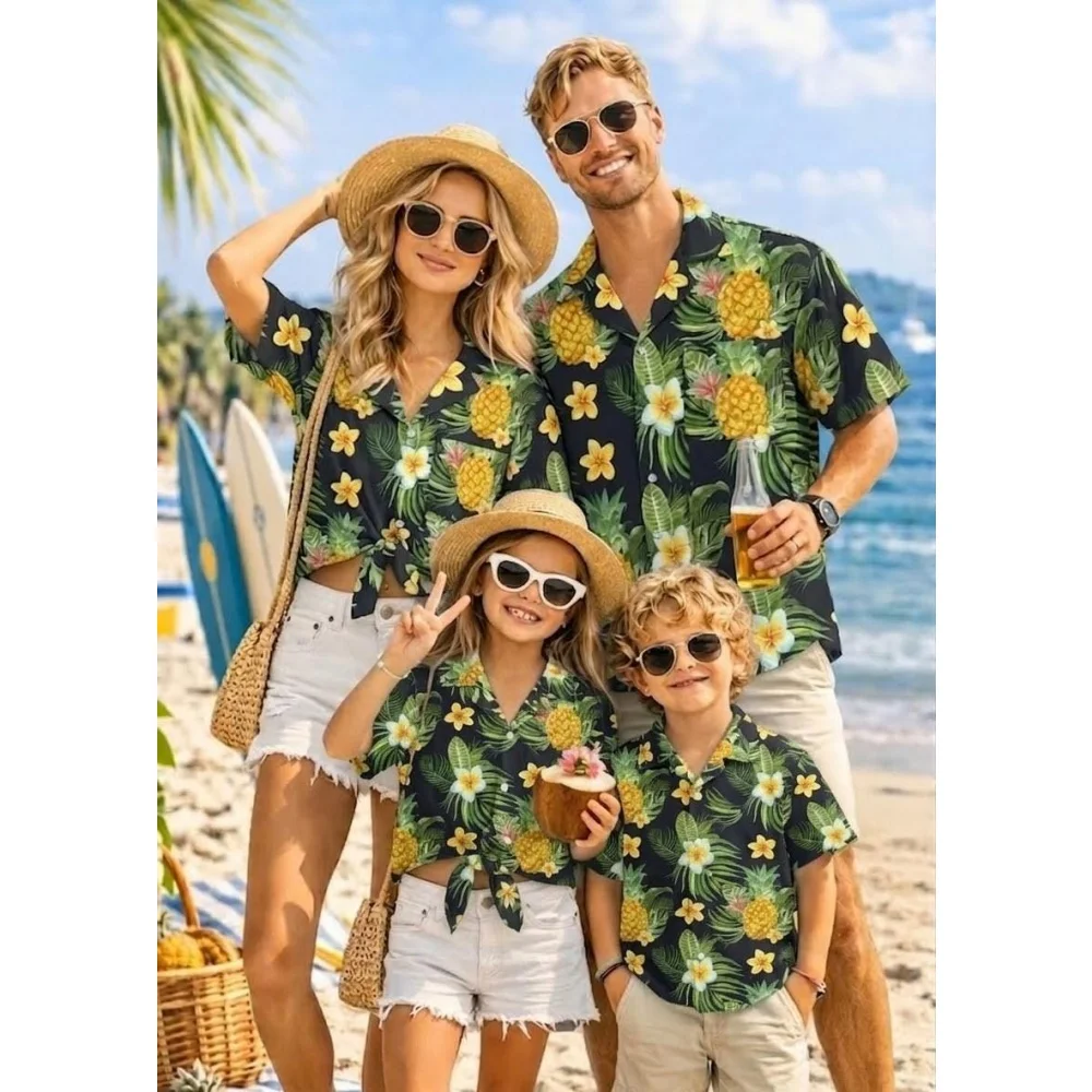 Summer Men's Family Wear Beach Hawaiian Shirt Tropical Sandcastle Palm Tree Shirt Outdoor Sports Sparent Shirts Child T-Shirt