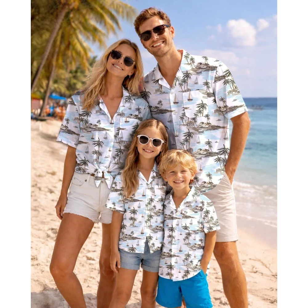 Summer Men's Family Wear Beach Hawaiian Shirt Tropical Sandcastle Palm Tree Shirt Outdoor Sports Sparent Shirts Child T-Shirt
