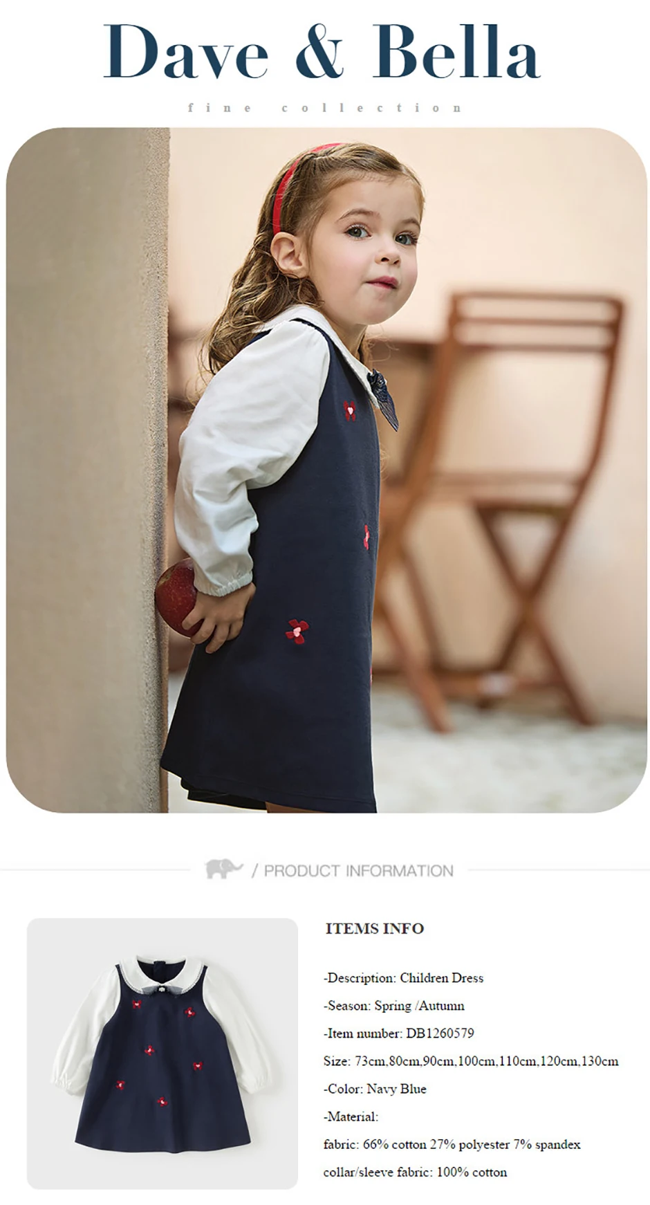 Dave Bella Girls Knitted Dress Spring Autumn Children Clothes Kids Sweet Elegant Dress Long Sleeve Outdoor Charm Party DB1260579