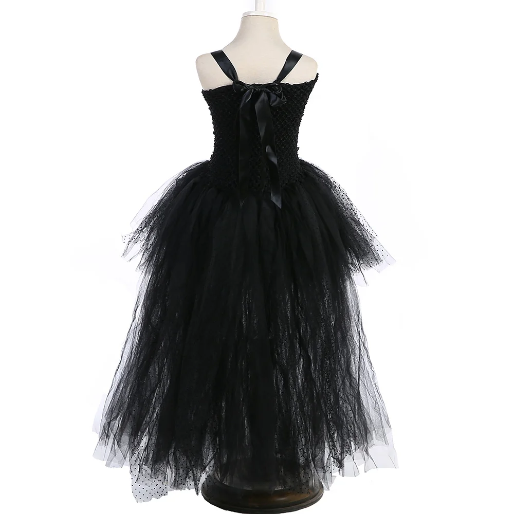 Girls' Long Devil Witch Dress, High‑Low Hem Black Angel Carnival Costume with Kids Halloween Feather Wings Accessory