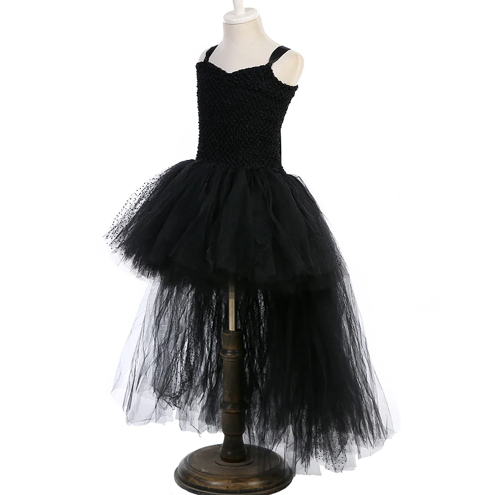 Girls' Long Devil Witch Dress, High‑Low Hem Black Angel Carnival Costume with Kids Halloween Feather Wings Accessory