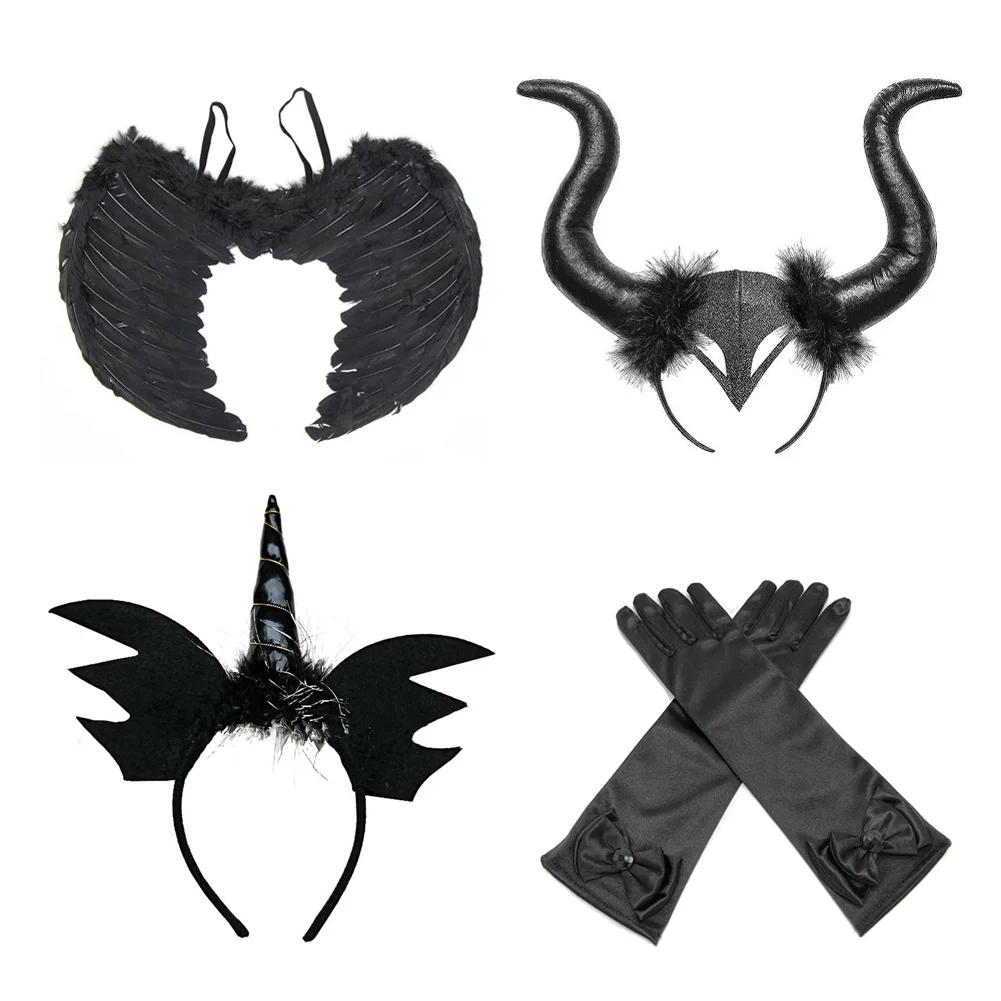 Girls' Long Devil Witch Dress, High‑Low Hem Black Angel Carnival Costume with Kids Halloween Feather Wings Accessory
