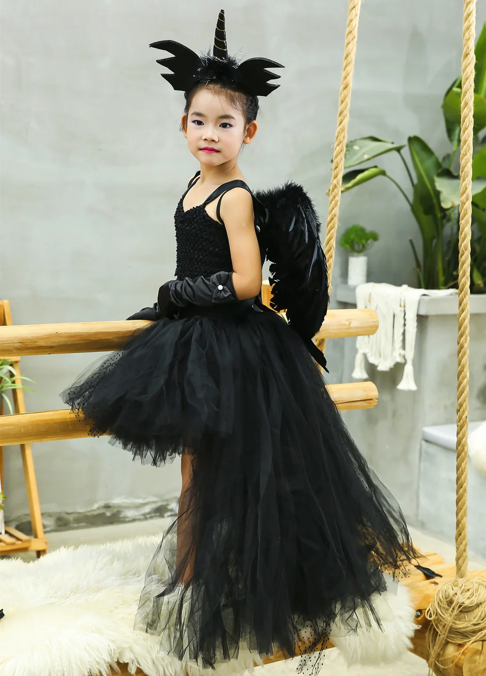 Girls' Long Devil Witch Dress, High‑Low Hem Black Angel Carnival Costume with Kids Halloween Feather Wings Accessory