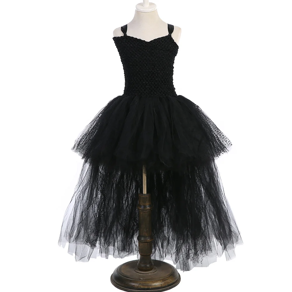 Girls' Long Devil Witch Dress, High‑Low Hem Black Angel Carnival Costume with Kids Halloween Feather Wings Accessory