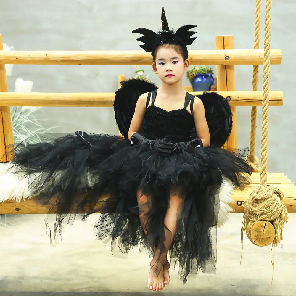 Girls' Long Devil Witch Dress, High‑Low Hem Black Angel Carnival Costume with Kids Halloween Feather Wings Accessory