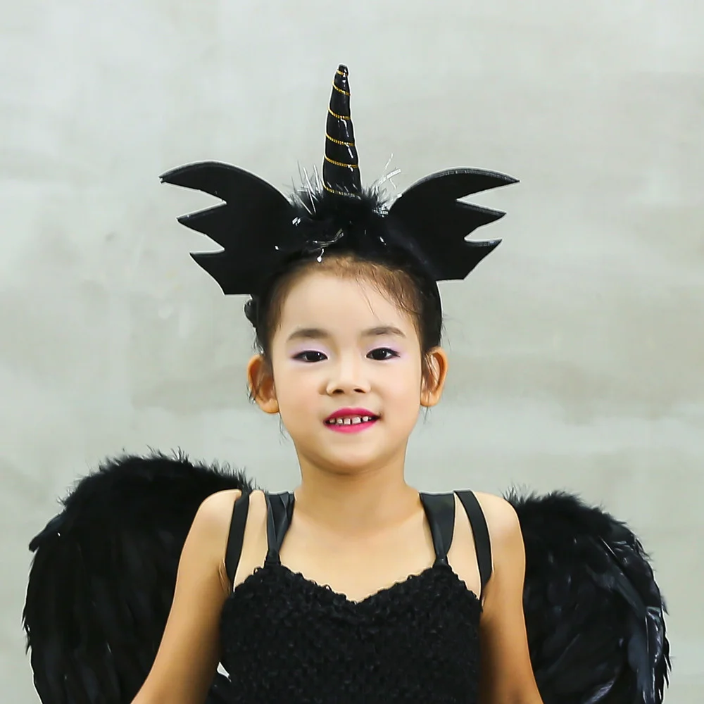 Girls' Long Devil Witch Dress, High‑Low Hem Black Angel Carnival Costume with Kids Halloween Feather Wings Accessory