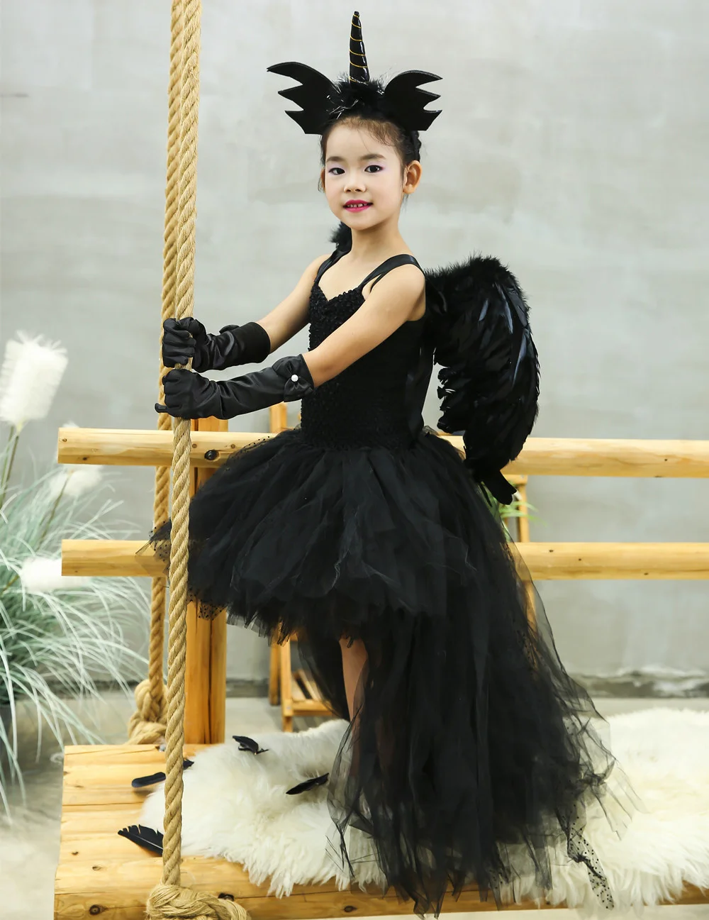Girls' Long Devil Witch Dress, High‑Low Hem Black Angel Carnival Costume with Kids Halloween Feather Wings Accessory