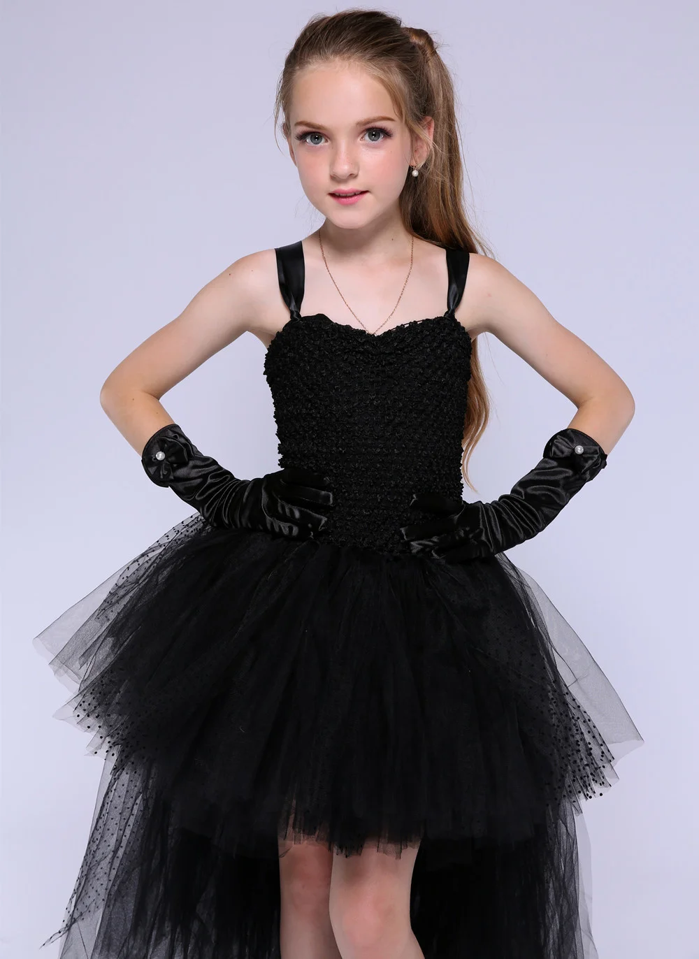 Girls' Long Devil Witch Dress, High‑Low Hem Black Angel Carnival Costume with Kids Halloween Feather Wings Accessory