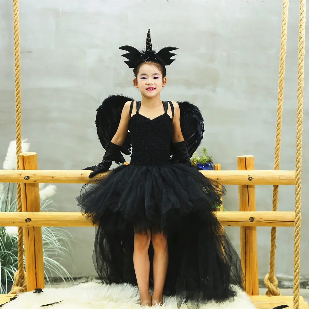 Girls' Long Devil Witch Dress, High‑Low Hem Black Angel Carnival Costume with Kids Halloween Feather Wings Accessory