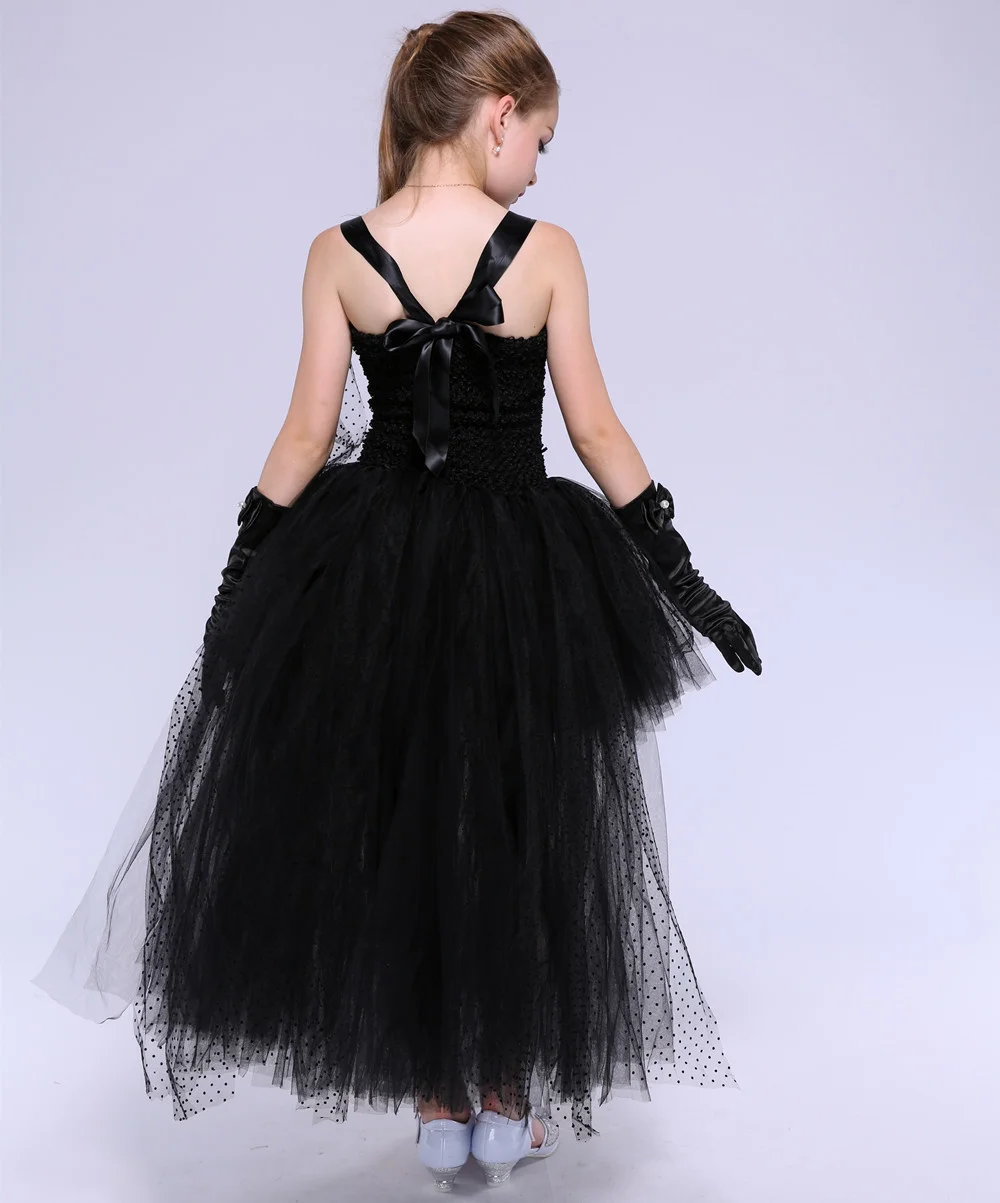 Girls' Long Devil Witch Dress, High‑Low Hem Black Angel Carnival Costume with Kids Halloween Feather Wings Accessory
