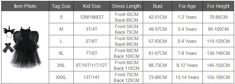 Girls' Long Devil Witch Dress, High‑Low Hem Black Angel Carnival Costume with Kids Halloween Feather Wings Accessory