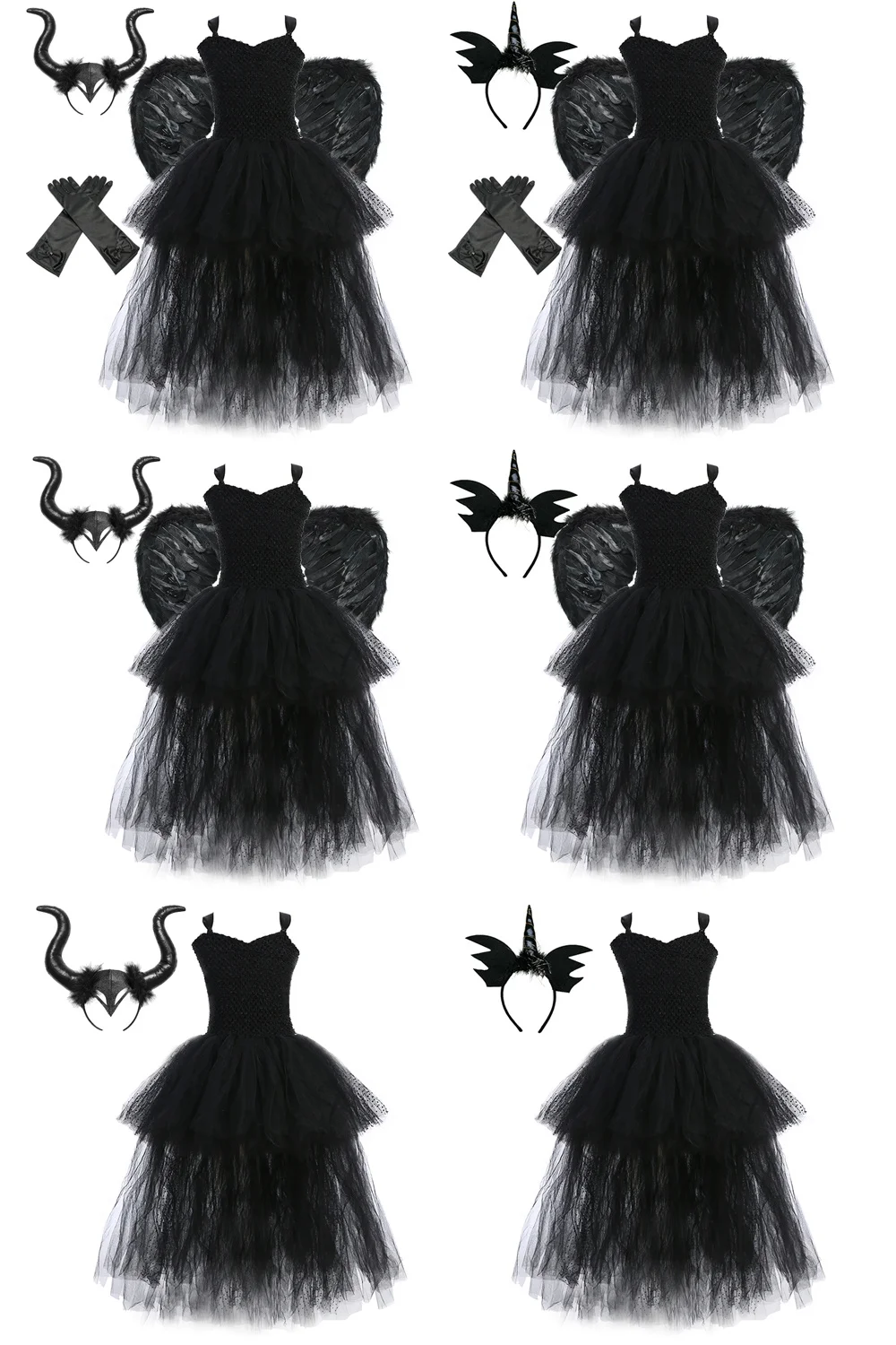 Girls' Long Devil Witch Dress, High‑Low Hem Black Angel Carnival Costume with Kids Halloween Feather Wings Accessory