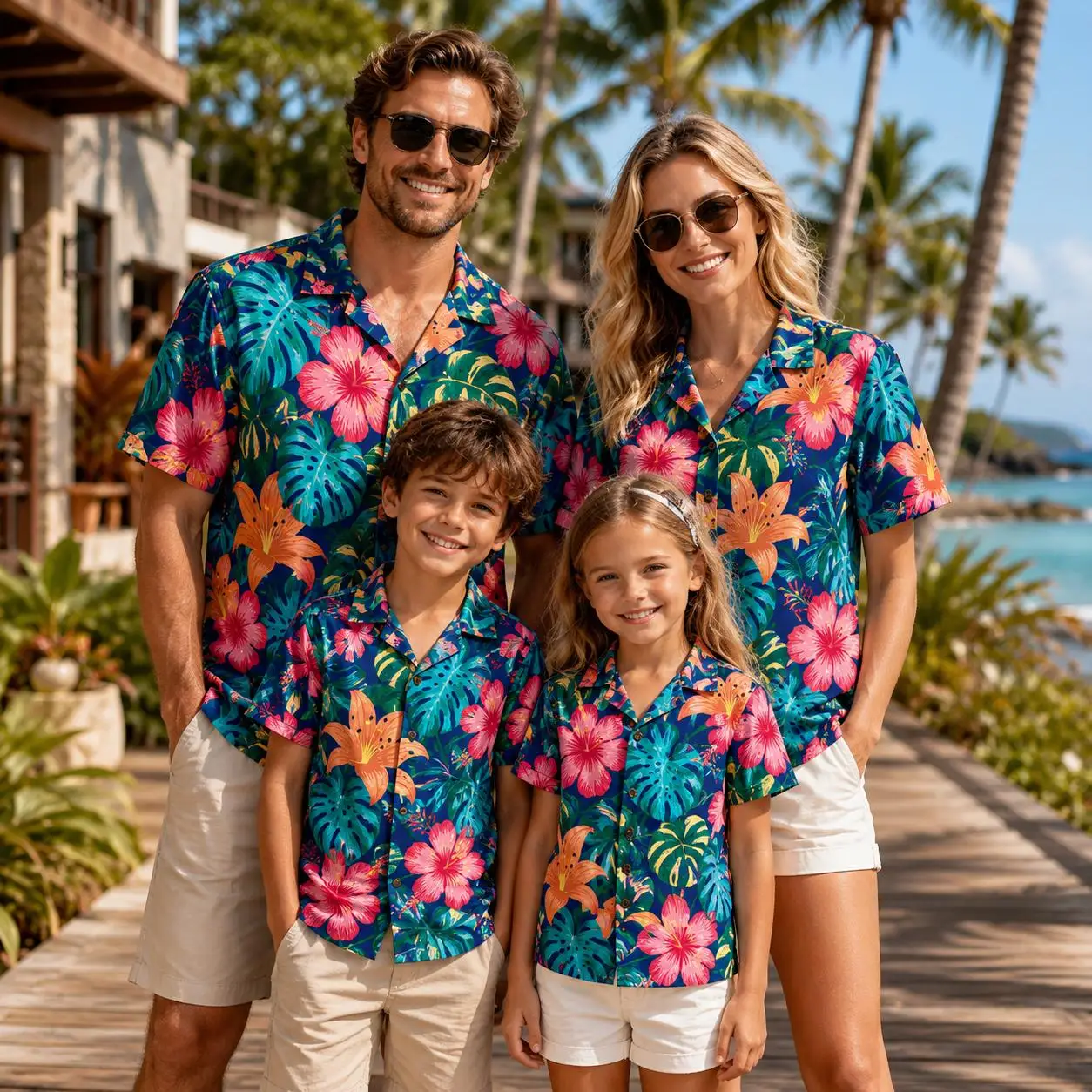 Summer Men's Family Wear Beach Hawaiian Shirt Tropical Summer Style Plant Flower Pattern Print  Shirt Vacation Gift Child T-Shir