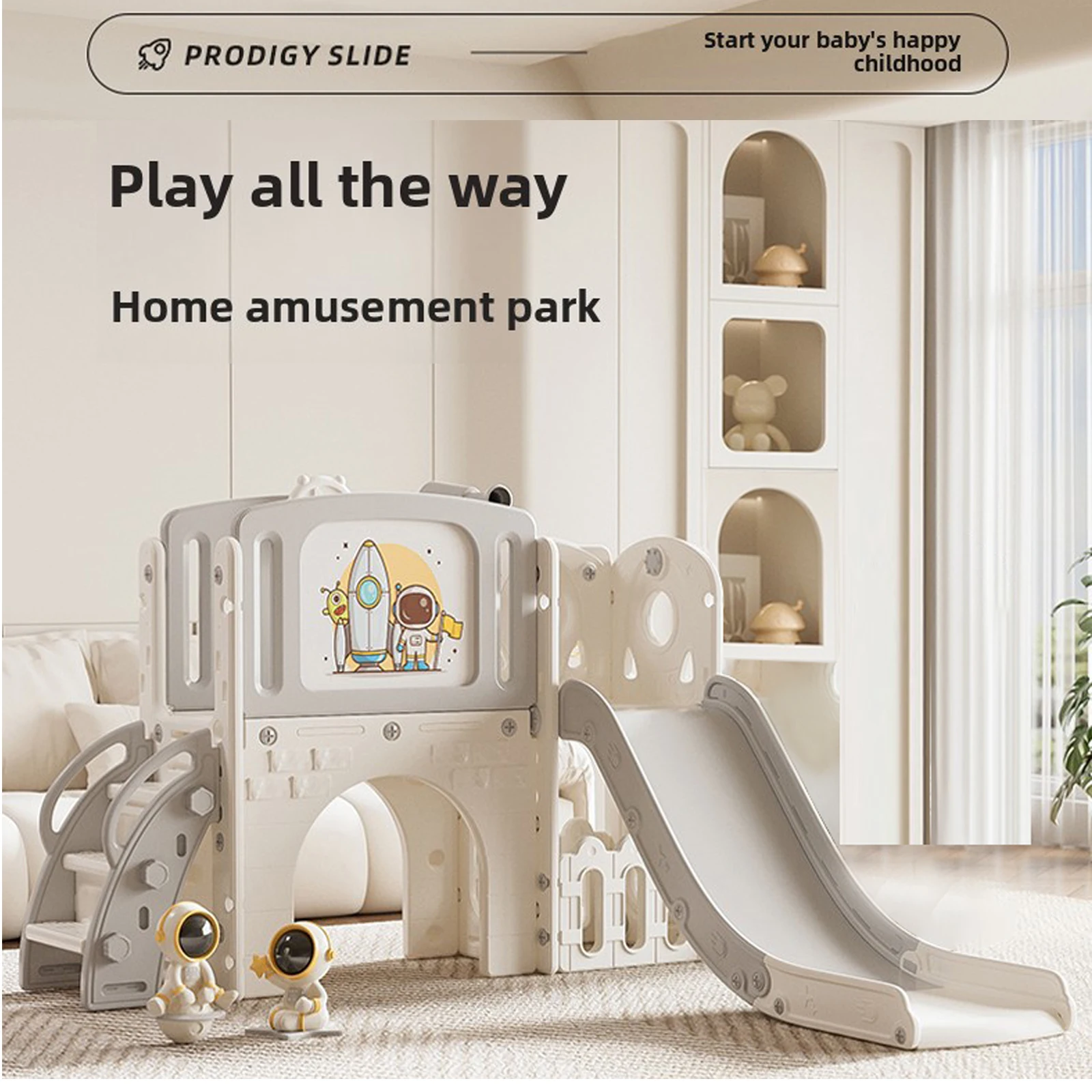 Indoor Playground Toddler Slide and Climber Set, Multi-Activity Kids Play Center with Basketball Hoop, Drawing Board & Toy Telescope, Non-Toxic HDPE Freestanding Nursery Slide Gym, Safe Family Amusement Park Playset