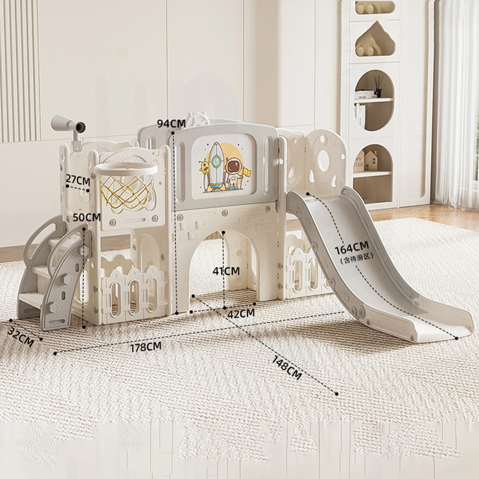 Indoor Playground Toddler Slide and Climber Set, Multi-Activity Kids Play Center with Basketball Hoop, Drawing Board & Toy Telescope, Non-Toxic HDPE Freestanding Nursery Slide Gym, Safe Family Amusement Park Playset