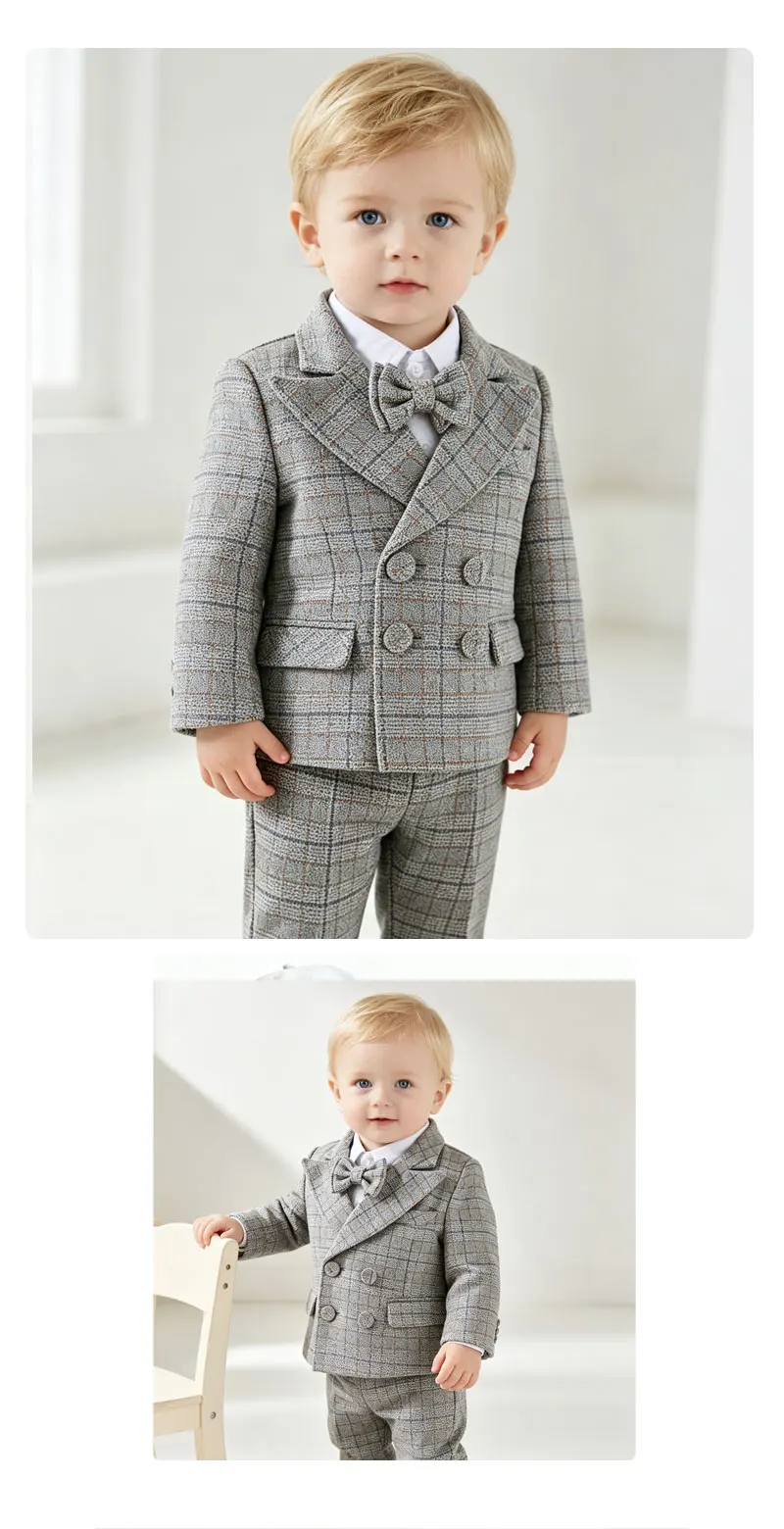 Kids Gentleman Plaid Suit 4Pcs Boys Double Breasted Jacket Pants Suspender Bow Tie Formal Wedding Birthday Party Stage Costume