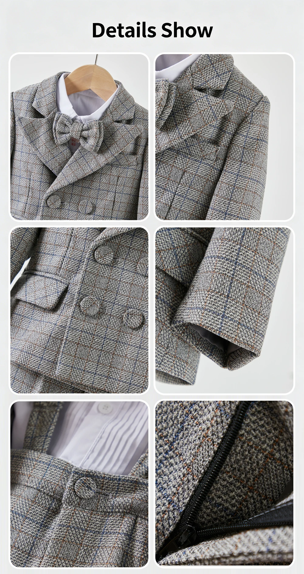 Kids Gentleman Plaid Suit 4Pcs Boys Double Breasted Jacket Pants Suspender Bow Tie Formal Wedding Birthday Party Stage Costume