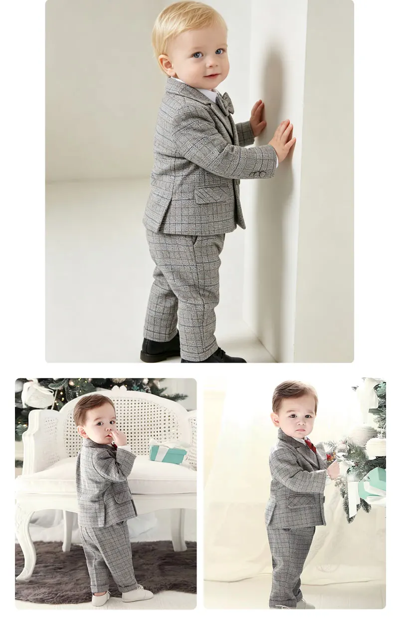 Kids Gentleman Plaid Suit 4Pcs Boys Double Breasted Jacket Pants Suspender Bow Tie Formal Wedding Birthday Party Stage Costume