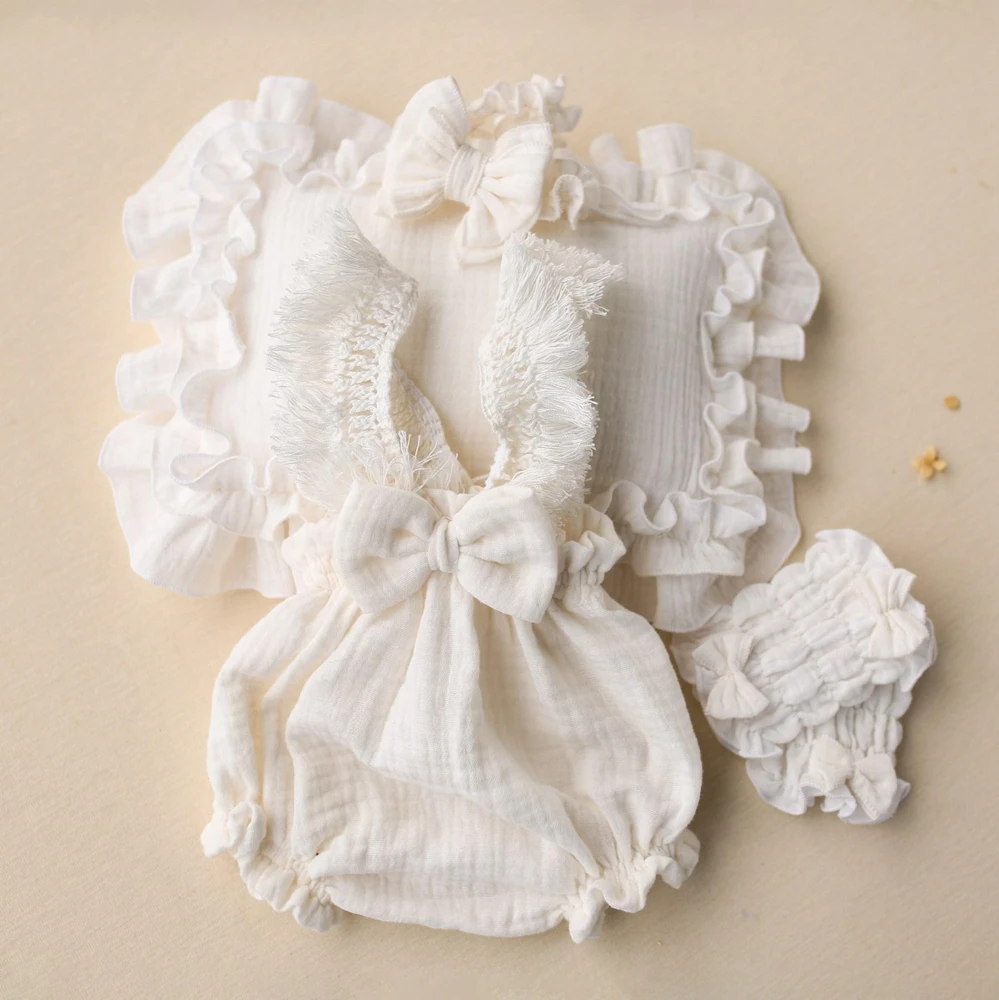 Boho Newborn Photo Props Ruffle Baby Outfit Lace Trim Romper Infant Picture Session Clothing Studio Posing Suits