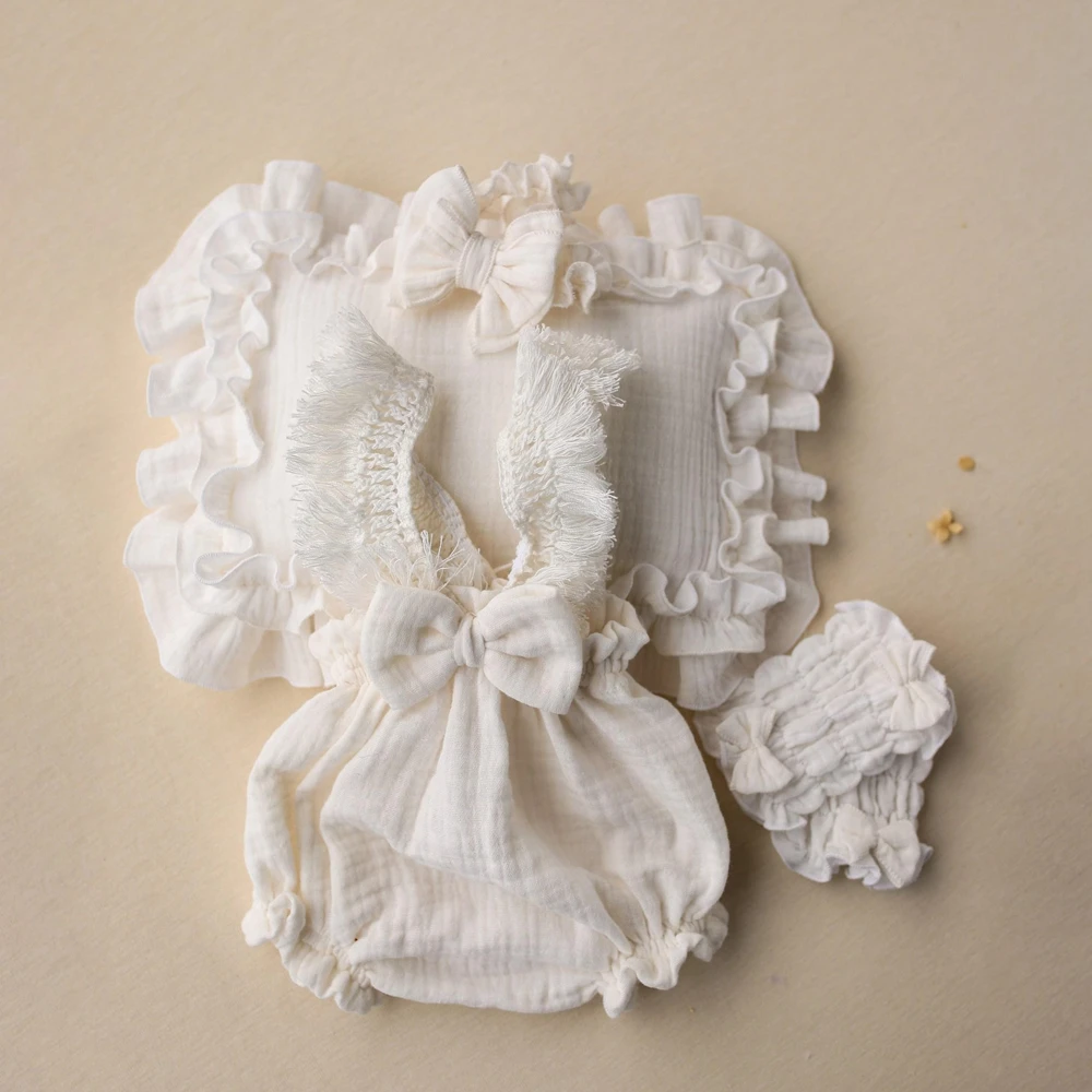 Boho Newborn Photo Props Ruffle Baby Outfit Lace Trim Romper Infant Picture Session Clothing Studio Posing Suits