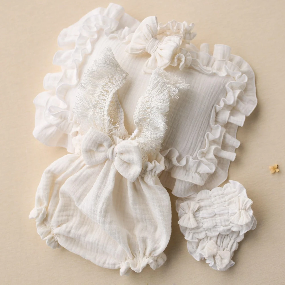 Boho Newborn Photo Props Ruffle Baby Outfit Lace Trim Romper Infant Picture Session Clothing Studio Posing Suits