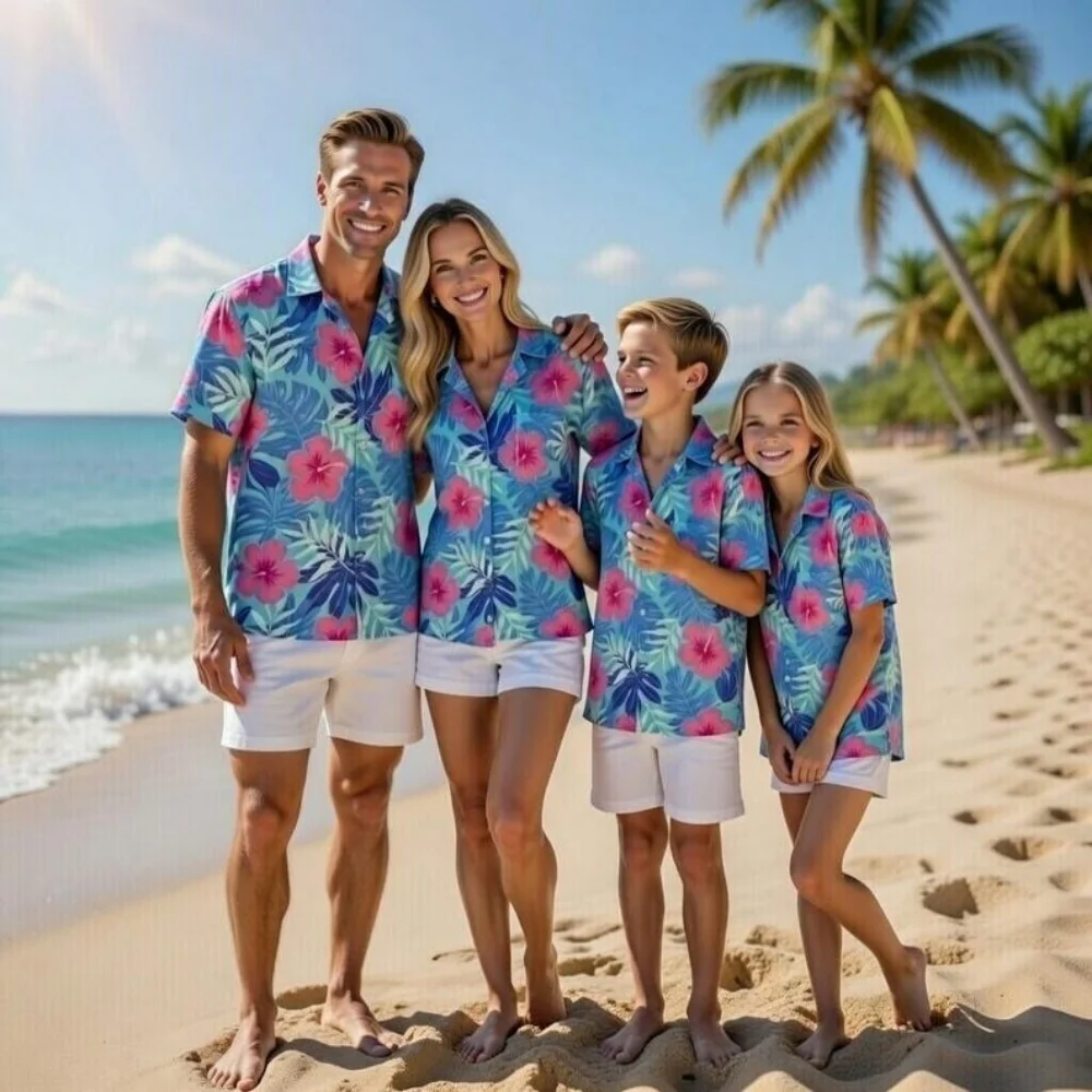 Hawaiian Children's Shirt Plant Flower Pattern Print Family Dress Beach Parent Vacation Style Parent Child T-Shirt Men's Tops