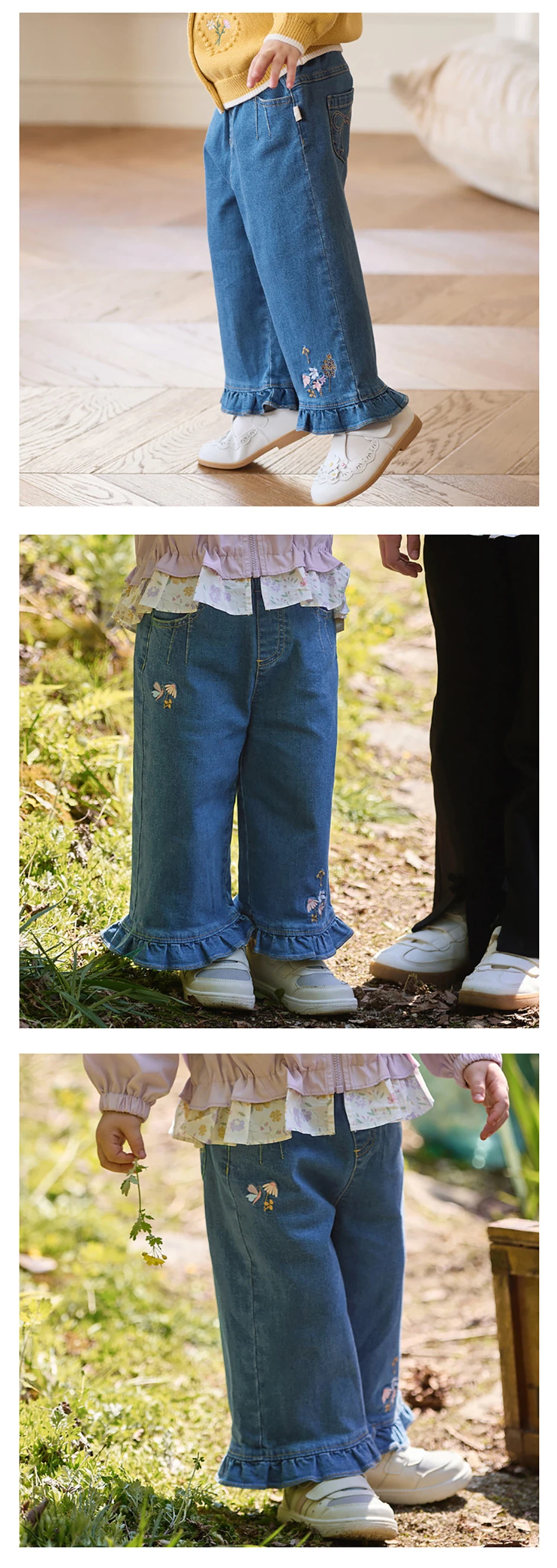 Dave Bella Children Embroidery Jeans Pants Girls Wide Leg Autumn Spring Trousers Denim Elastic Straight Trousers DB3262597