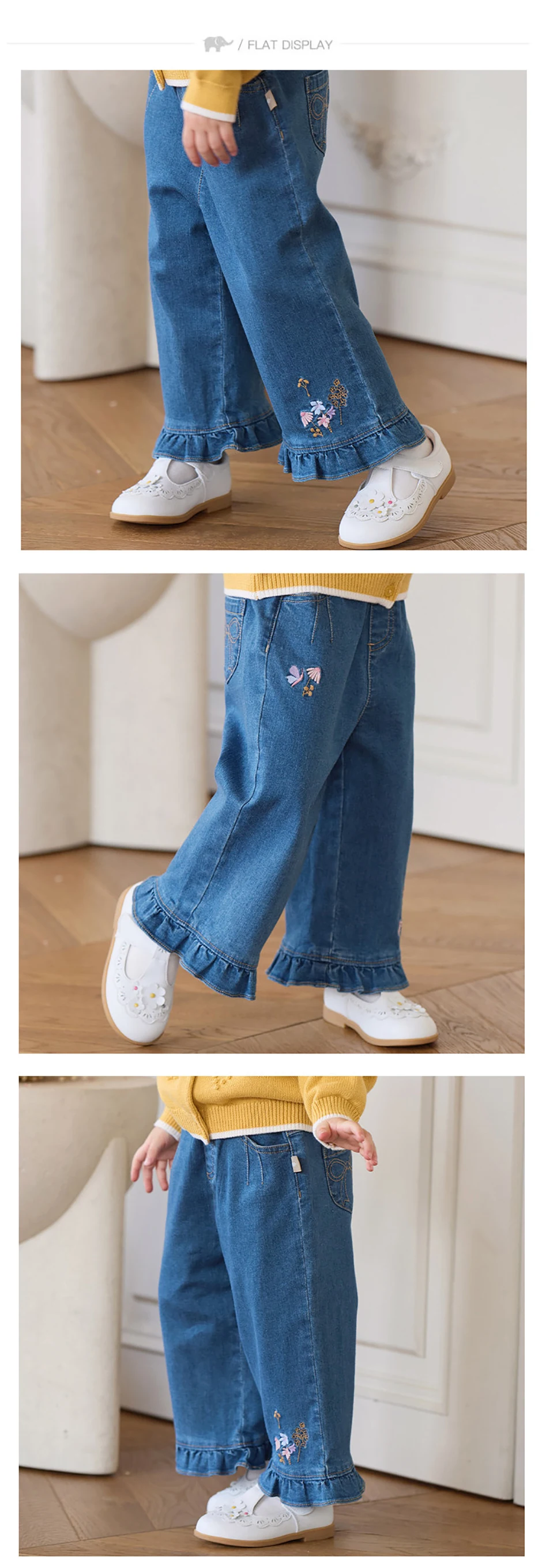 Dave Bella Children Embroidery Jeans Pants Girls Wide Leg Autumn Spring Trousers Denim Elastic Straight Trousers DB3262597