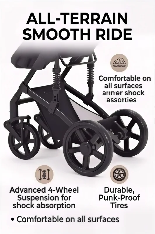 3-in-1 Baby Stroller Combo Travel System Lightweight Aluminum Frame Quick Folding All-Terrain Wheels with Suspension Reclining Backrest Comfortable Seat for Newborns with 6 Free Gifts