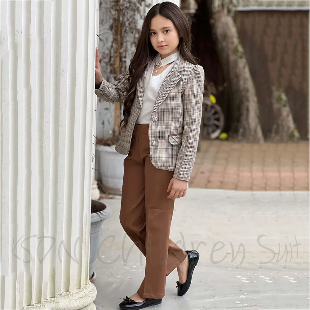 Fashion Kids Girls Suit Plaid Notch Lapel Single Breasted Jacket Brown Pants Children Casual School Birthday Party Outfit Set