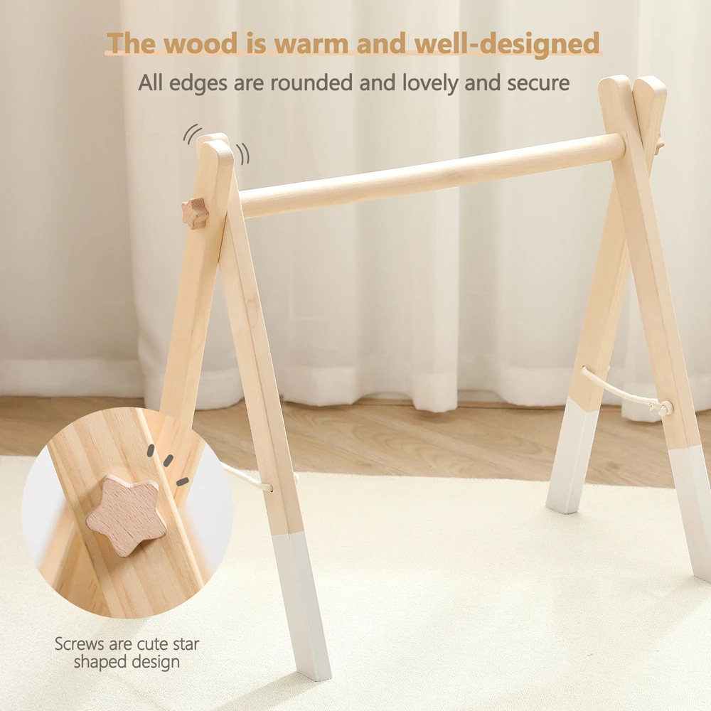 Wooden Baby Gym Frame Foldable Space Saving No Tools Assembly Lightweight 1130g Rounded Edges for Newborns