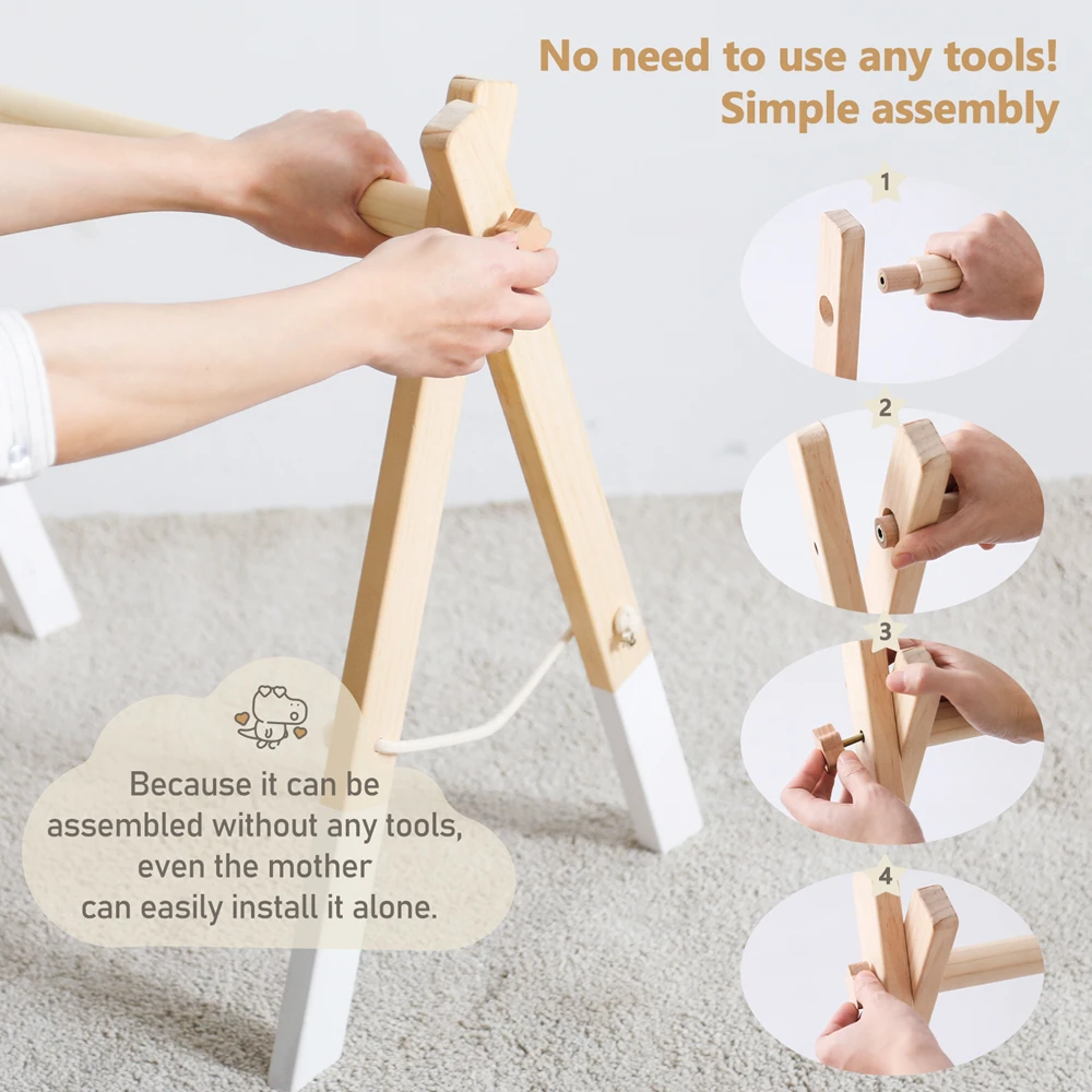 Wooden Baby Gym Frame Foldable Space Saving No Tools Assembly Lightweight 1130g Rounded Edges for Newborns