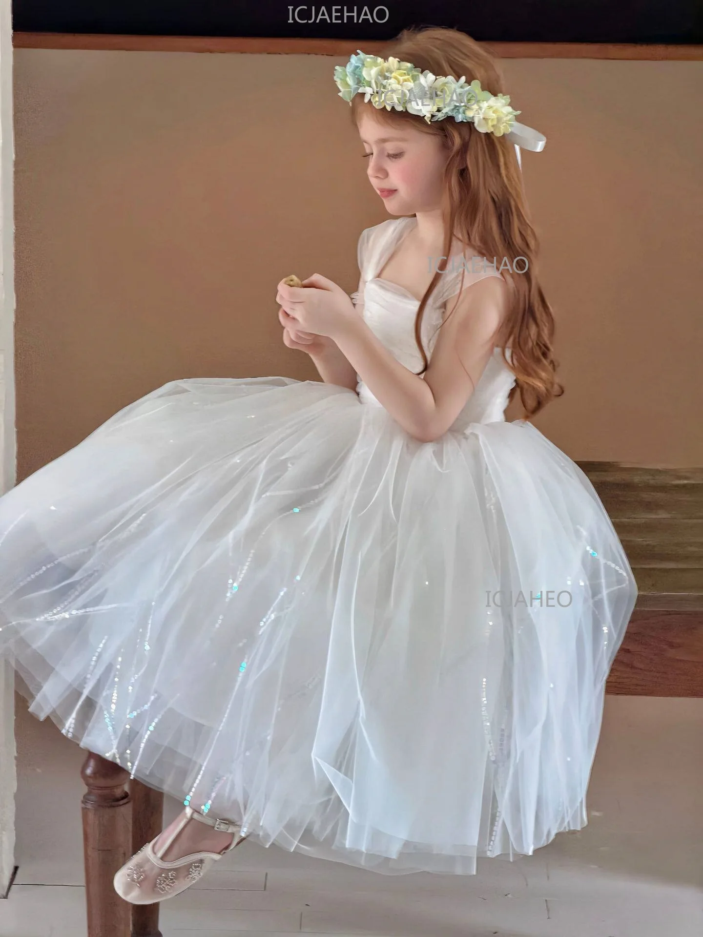 White Puffy Princess Dress For Girls, Kids Birthday Banquet Performance Gown, Flower Girl Dress, 2026 New Style Children Costume