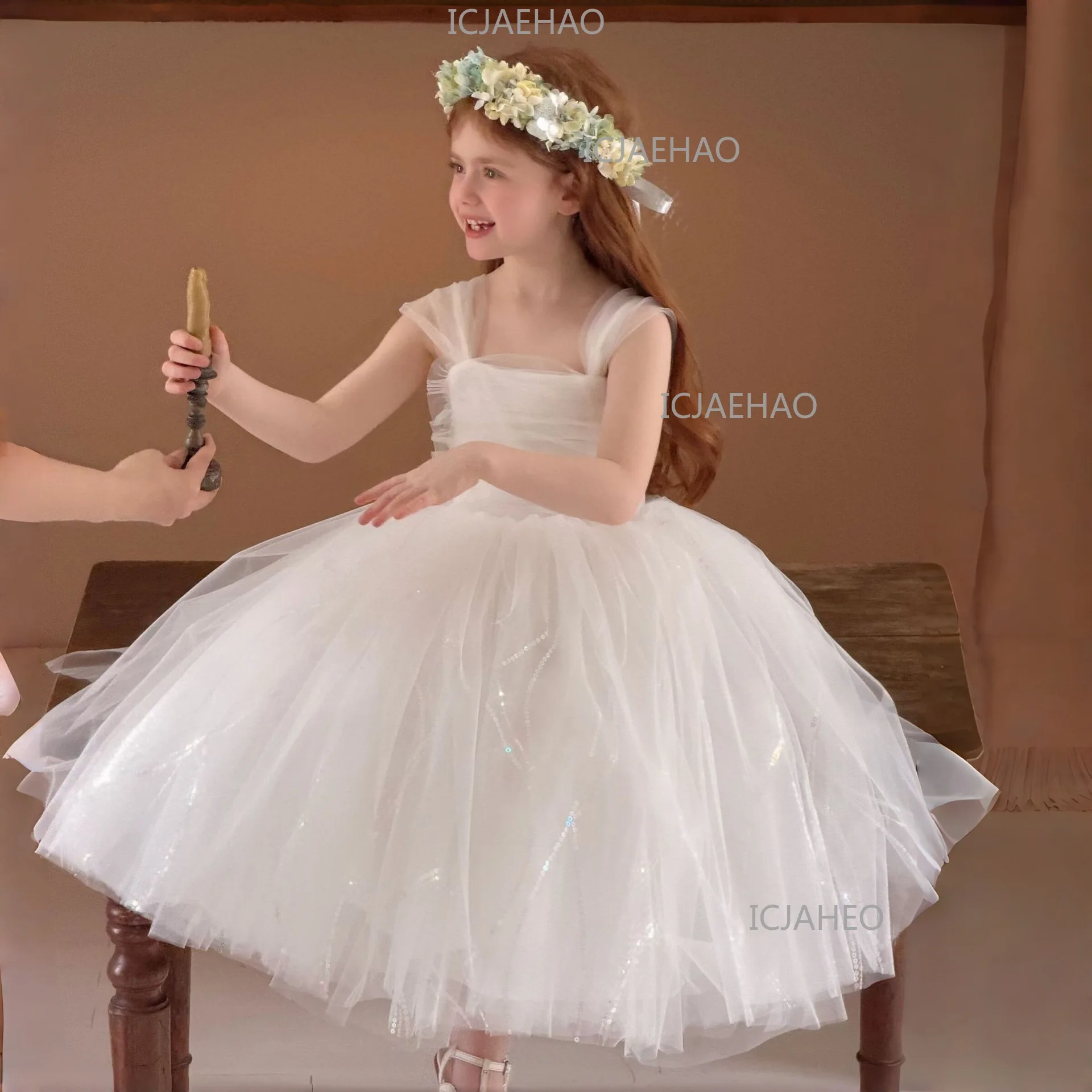 White Puffy Princess Dress For Girls, Kids Birthday Banquet Performance Gown, Flower Girl Dress, 2026 New Style Children Costume