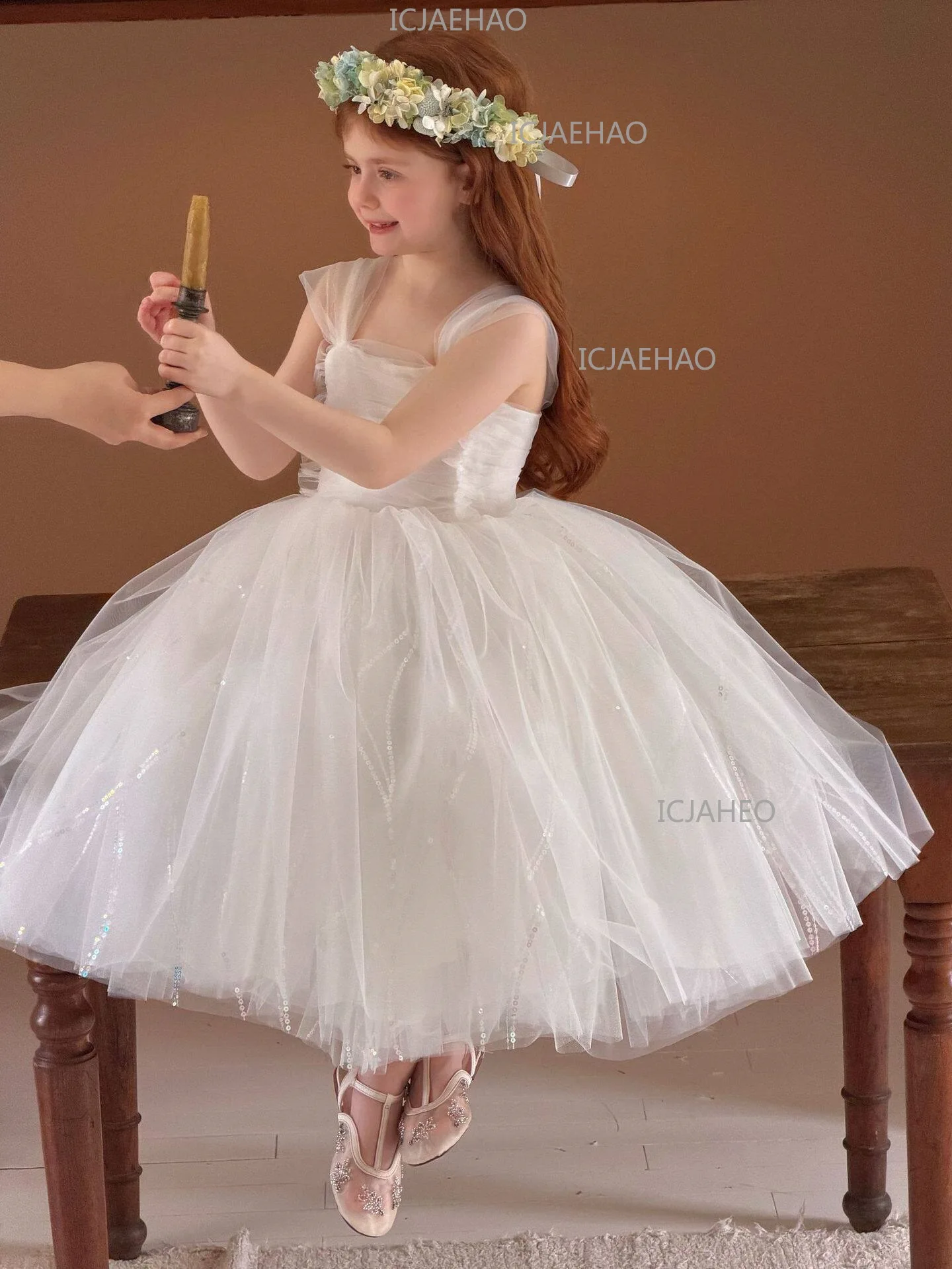 White Puffy Princess Dress For Girls, Kids Birthday Banquet Performance Gown, Flower Girl Dress, 2026 New Style Children Costume