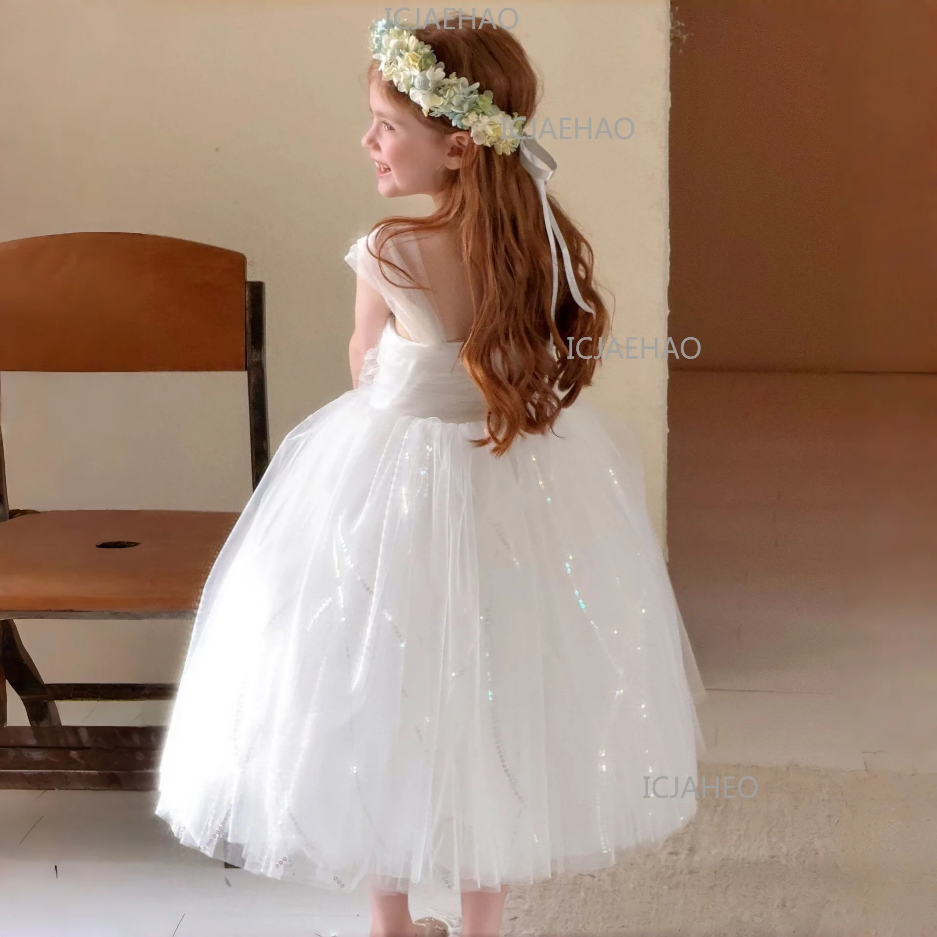 White Puffy Princess Dress For Girls, Kids Birthday Banquet Performance Gown, Flower Girl Dress, 2026 New Style Children Costume