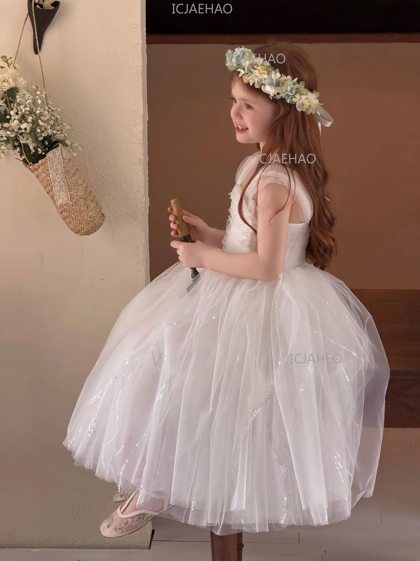 White Puffy Princess Dress For Girls, Kids Birthday Banquet Performance Gown, Flower Girl Dress, 2026 New Style Children Costume