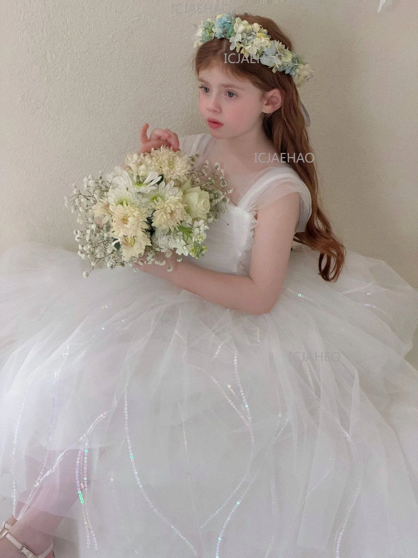 White Puffy Princess Dress For Girls, Kids Birthday Banquet Performance Gown, Flower Girl Dress, 2026 New Style Children Costume
