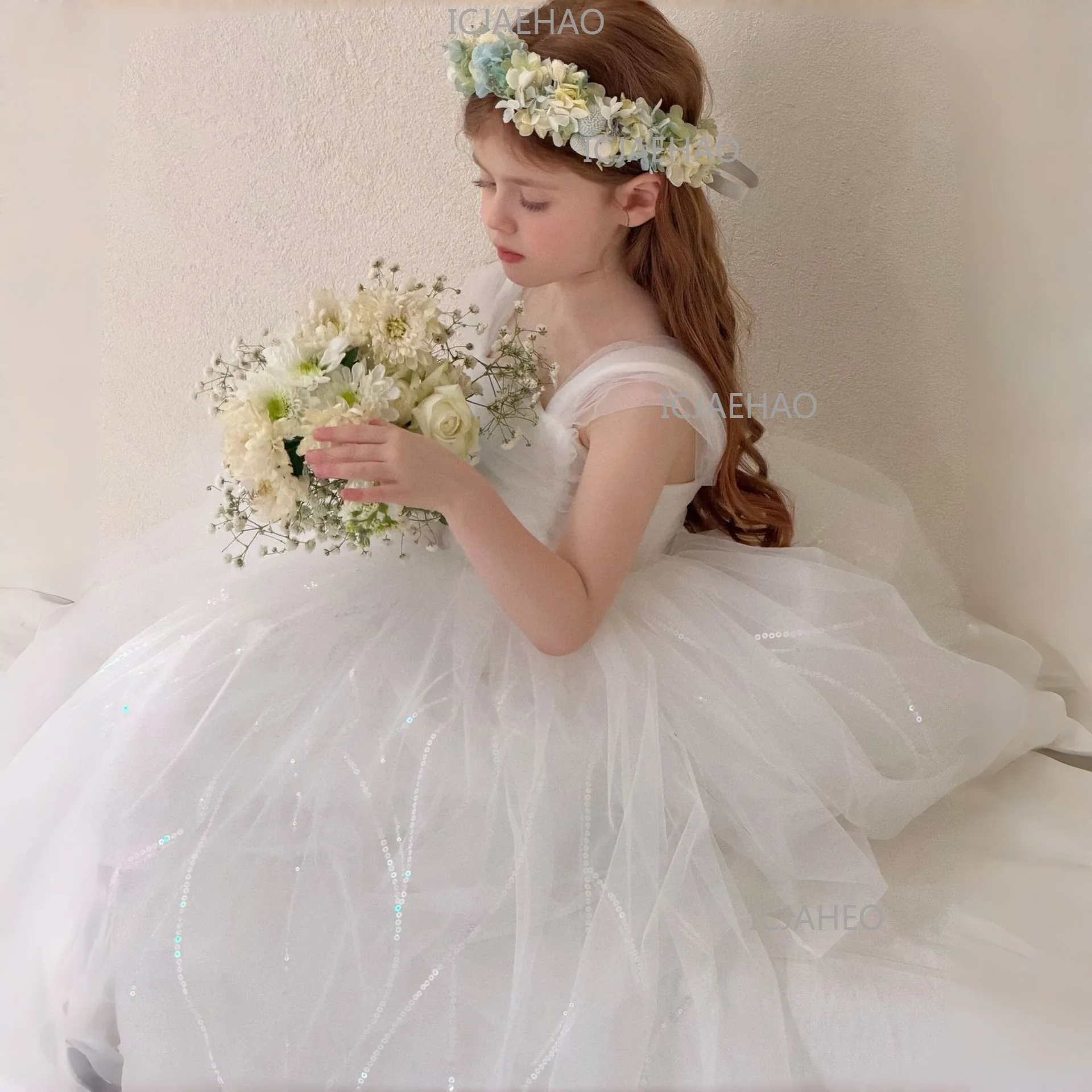 White Puffy Princess Dress For Girls, Kids Birthday Banquet Performance Gown, Flower Girl Dress, 2026 New Style Children Costume