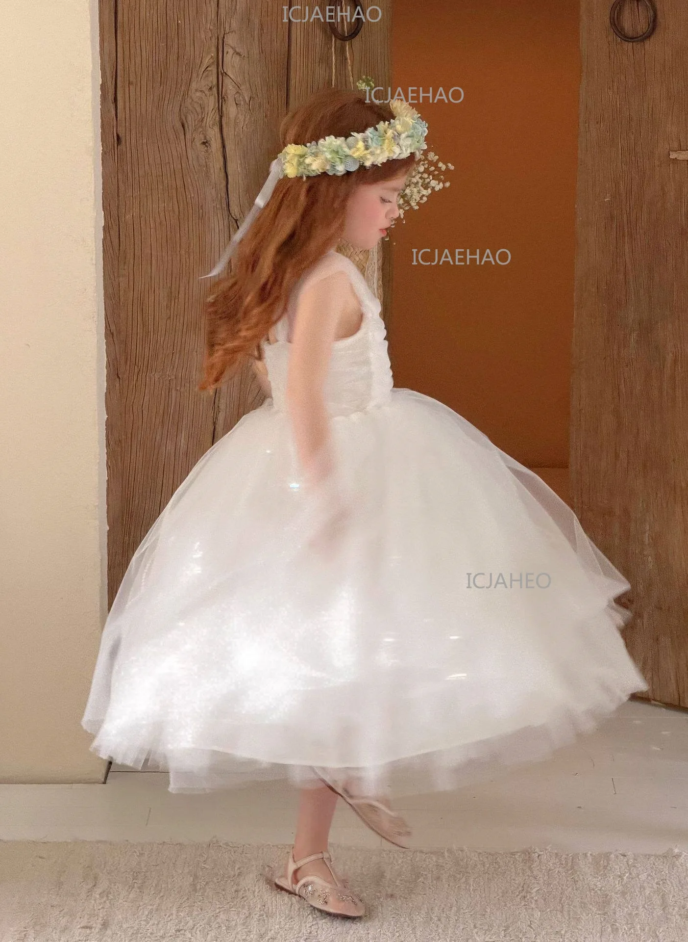 White Puffy Princess Dress For Girls, Kids Birthday Banquet Performance Gown, Flower Girl Dress, 2026 New Style Children Costume