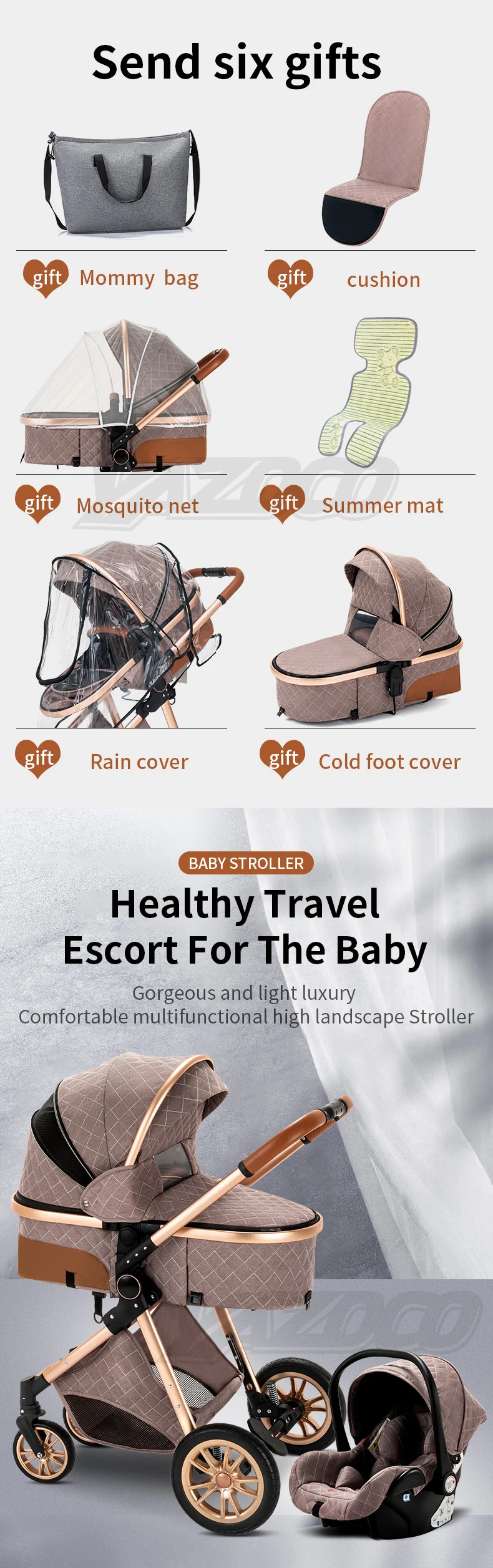 Convertible 3-in-1 Elevated View Four-Wheel Shockproof Infant Stroller, Space Saving Foldable Structure Equipped With Washable Air Circulation Mosquito Net For Daily Newborn Walking