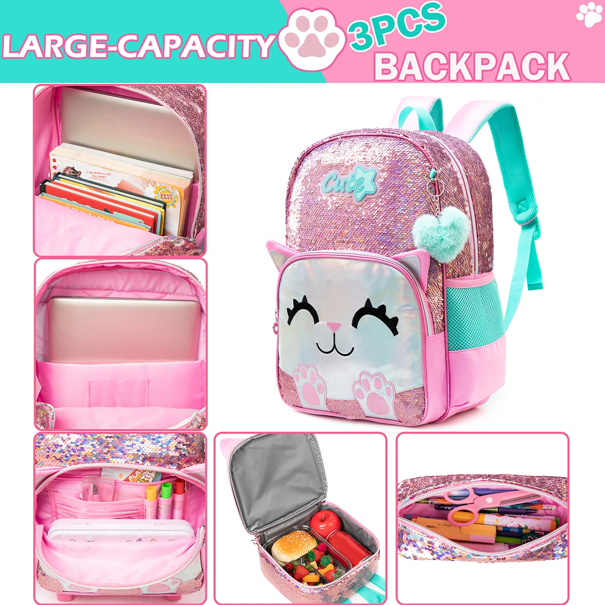 16 Inch Sequin Backpack for Girls School Bag with Lunch Box for Elementary Students Lightweight and Stylish
