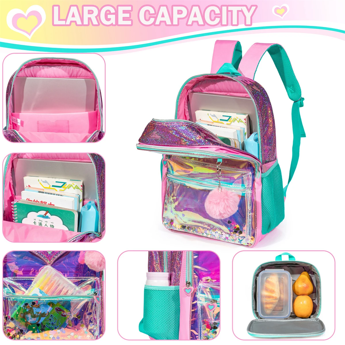 16 Inch Sequin Backpack for Girls School Bag with Lunch Box for Elementary Students Lightweight and Stylish
