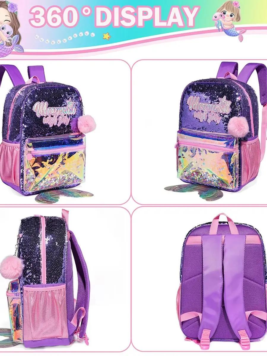 16 Inch Sequin Backpack for Girls School Bag with Lunch Box for Elementary Students Lightweight and Stylish