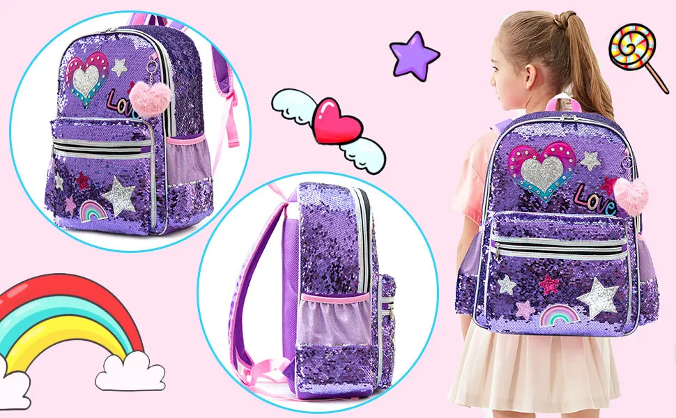 16 Inch Sequin Backpack for Girls School Bag with Lunch Box for Elementary Students Lightweight and Stylish