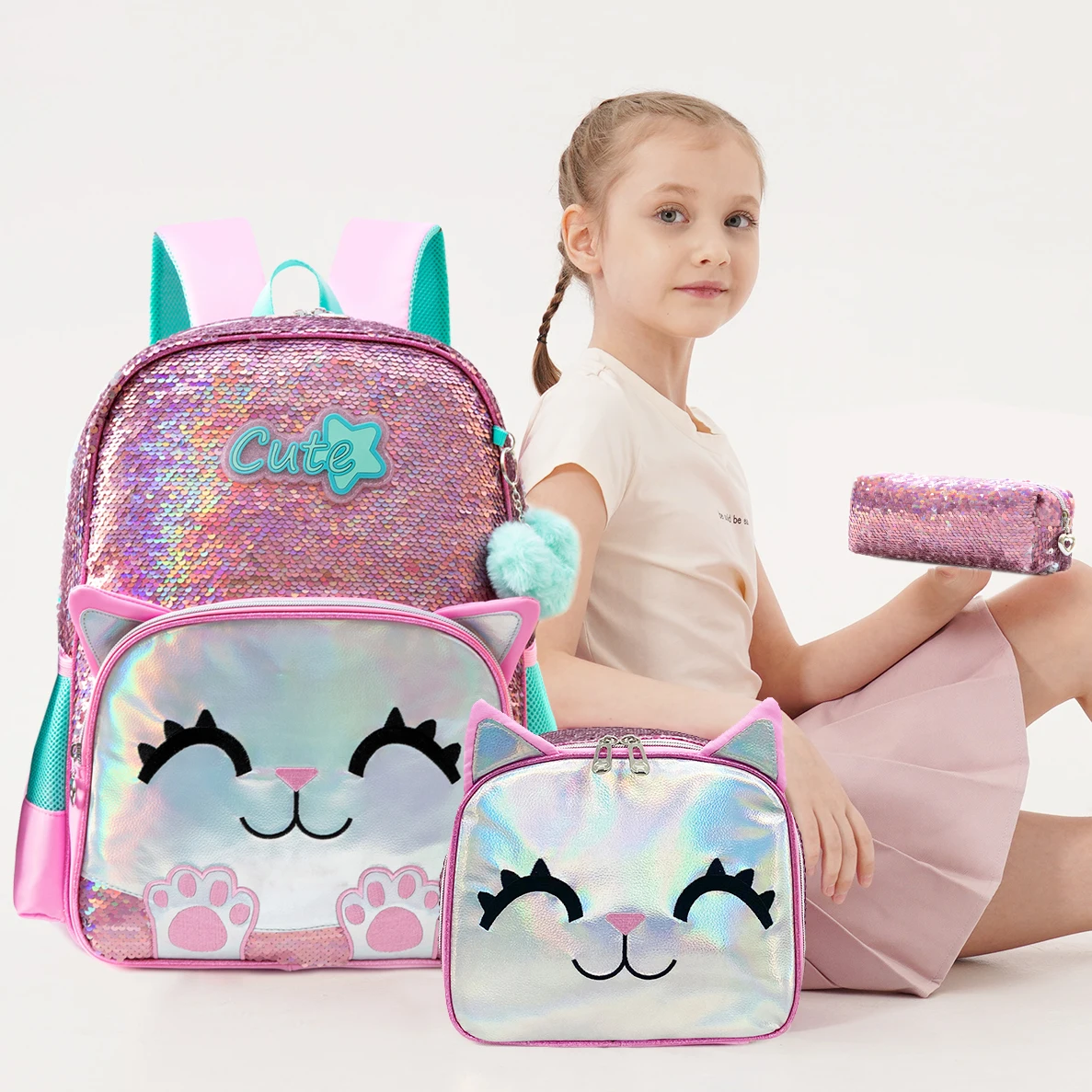 16 Inch Sequin Backpack for Girls School Bag with Lunch Box for Elementary Students Lightweight and Stylish